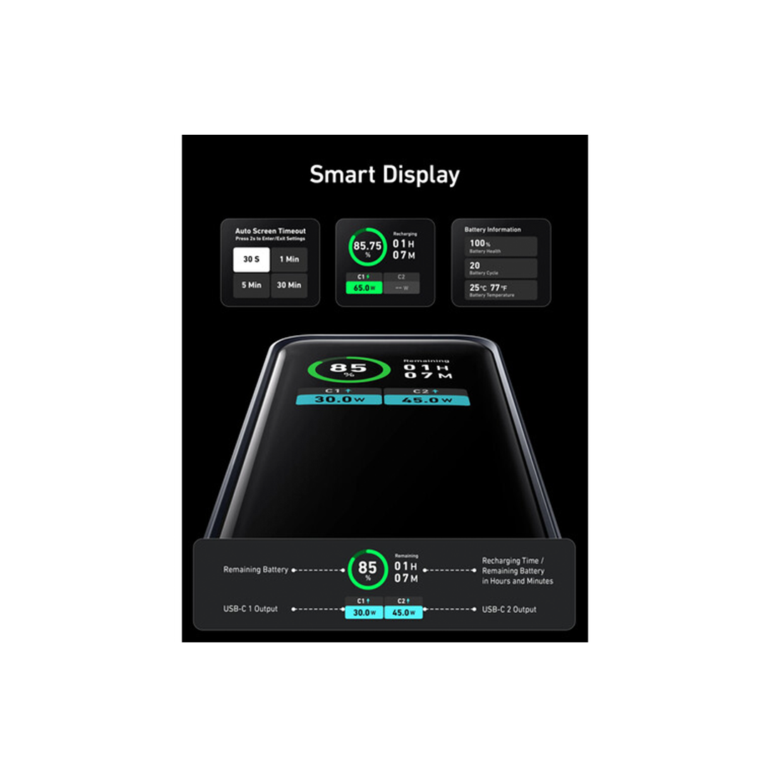 ANKER 2-Port 130W 12,000mAh Power Bank with LCD Screen - Black in Qatar ANKER 2-Port 130W 12,000mAh Power Bank with LCD Screen - Black in Qatar